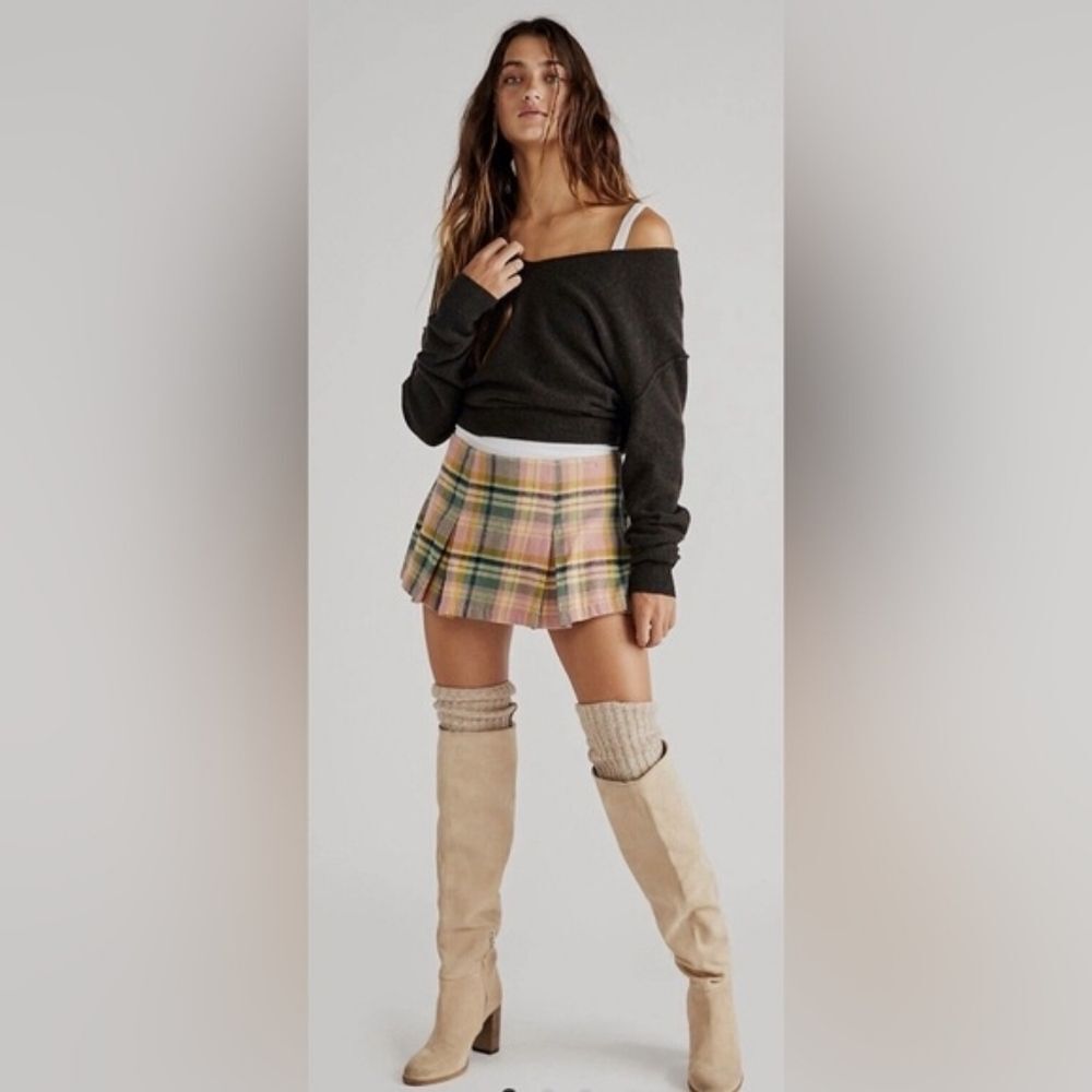 NWT Free People Someday Mini Pink And Green Plaid Skort Size 12
